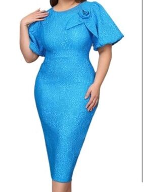 Elegant Blue Textured Mid-Length Dress with Decorative Shoulder